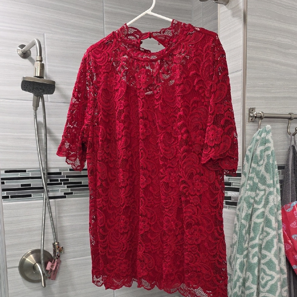 Mizrahi Live Red Mock Neck Lace Top 3XL